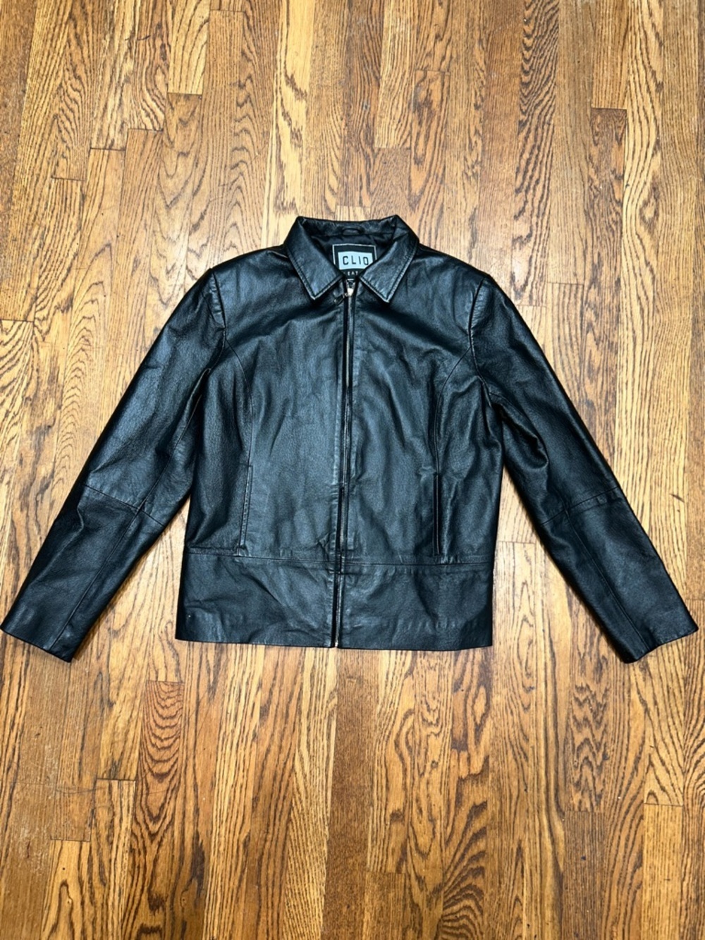 Clio Women’s Black Leather Bomber Jacket with Zip Front